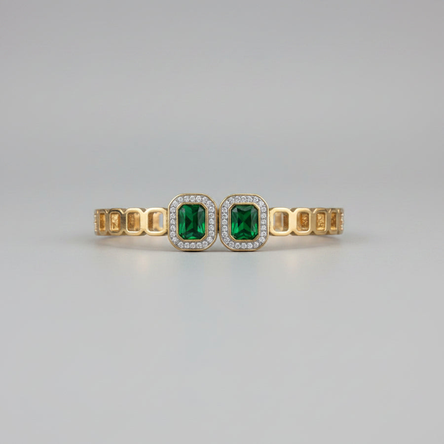 Emerald Green Stone Openable Kada with Zircon Halo in Anti-Tarnish Gold Finish