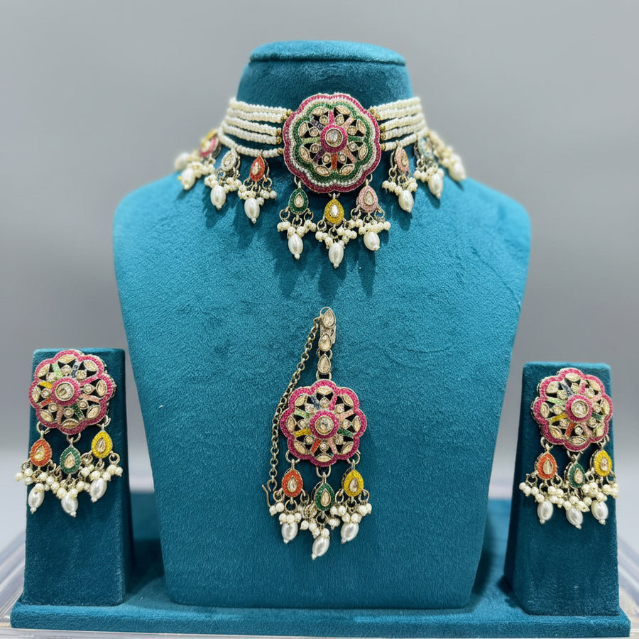 Meher Multicolour Pearl Choker Necklace Set with Earrings & Maang Tikka
