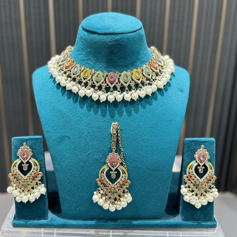 Rangini Multicolour Kundan Pearl Choker Set with Earrings & Maang Tikka
