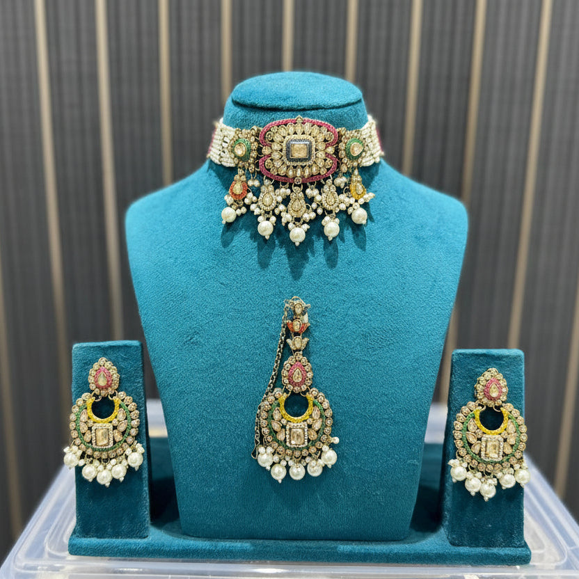 Ishani Multicolour Kundan Pearl Choker Set with Earrings & Maang Tikka