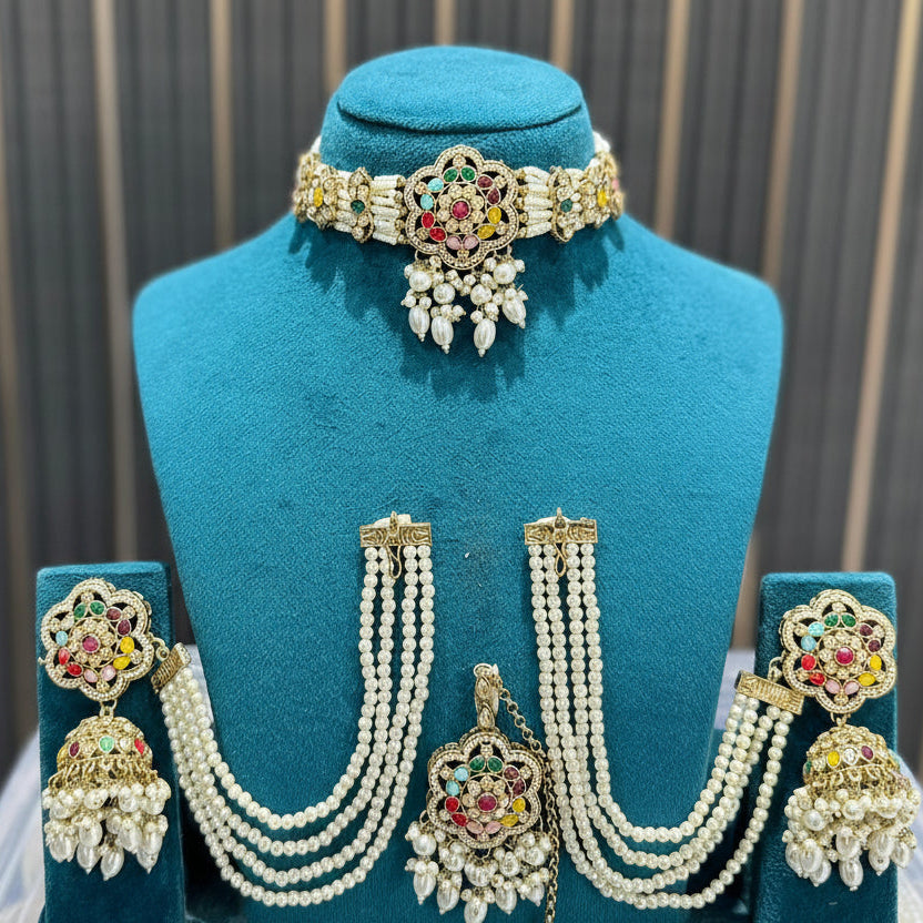 Pushp Multicolour Pearl Choker Set with Jhumkas & Maang Tikka