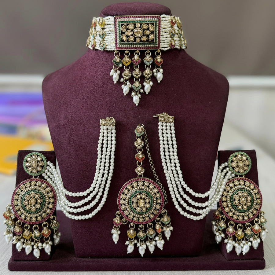 Shahi Kundan Pearl Choker Set with Chandbali Earrings & Maang Tikka