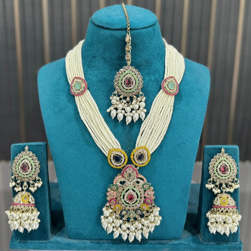 Rajsi Multicolour Pearl Rani Haar Set with Jhumkas & Maang Tikka