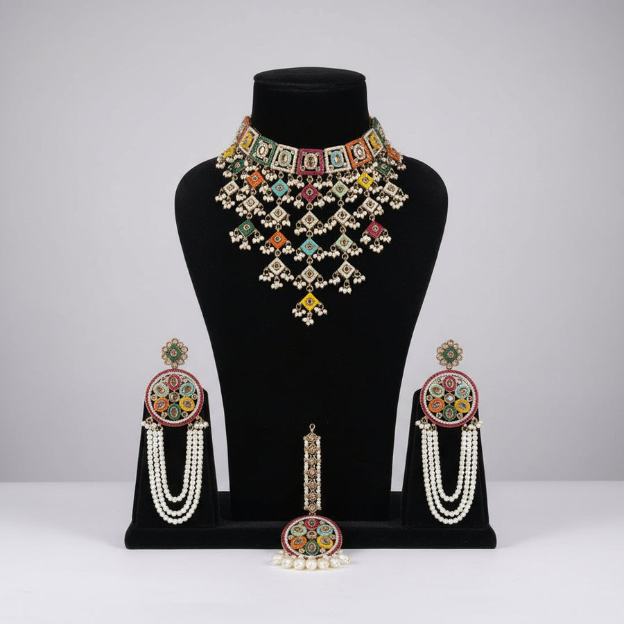 Rangrez Layered Kundan Choker Set with Pearl Earrings & Maang Tikka