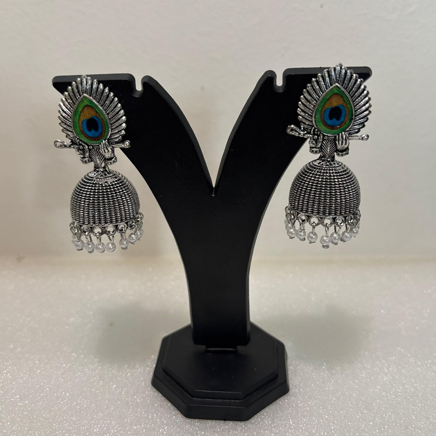 Premium oxidised peacock feather jhumka earrings with colourful stud, textured dome and bead fringe