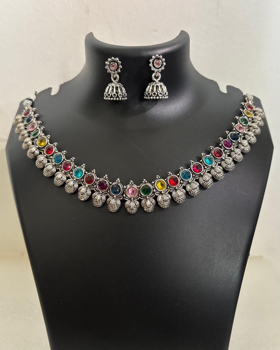Oxidised necklace set with multicolour stones, textured dangling drops and matching jhumka earrings