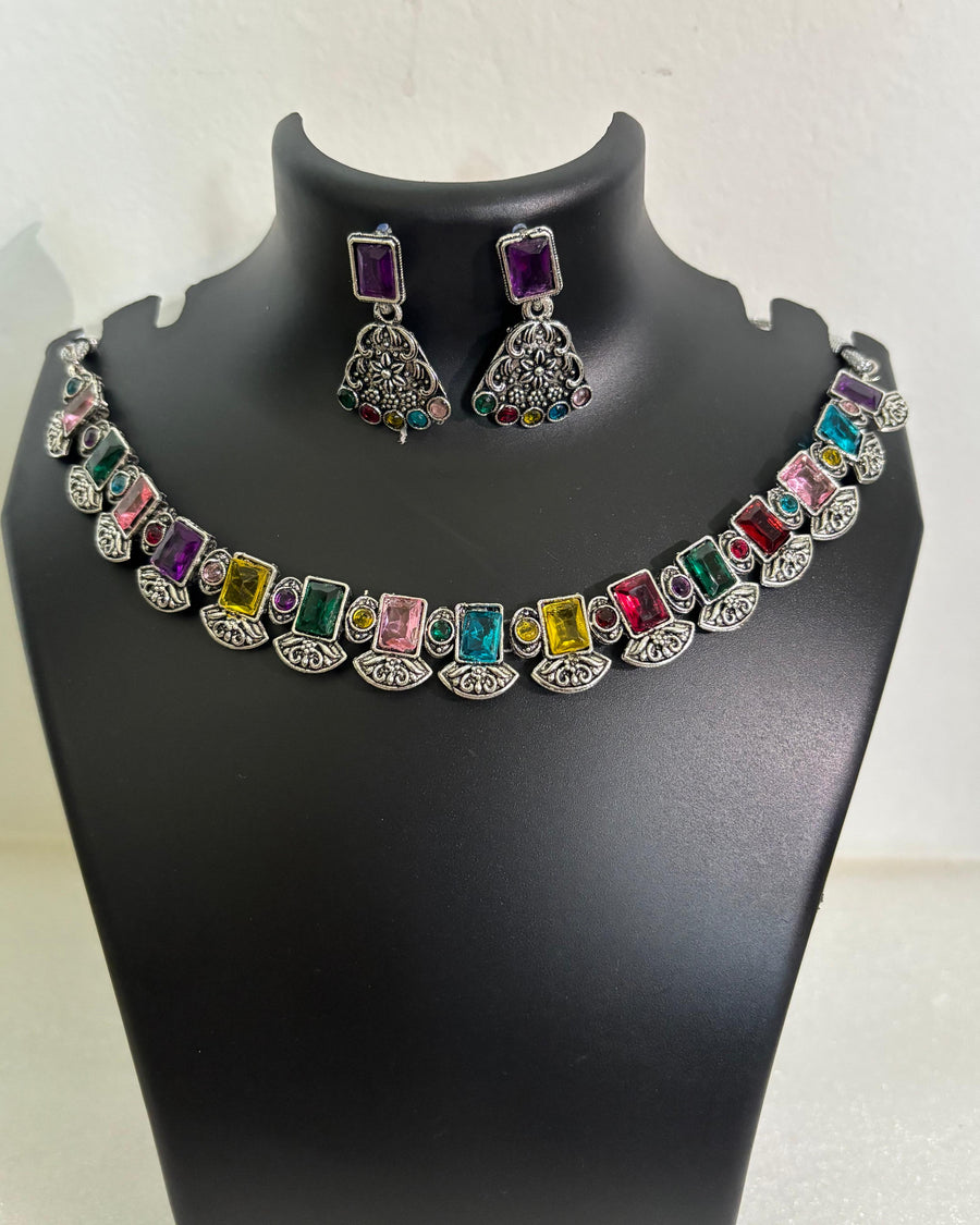 Oxidised multicolour square stone necklace with engraved drops and matching statement earrings