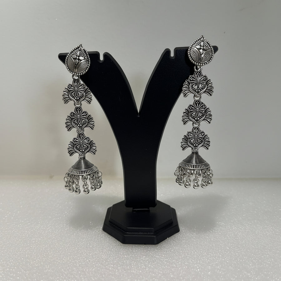Premium oxidised long jhumka earrings with floral motifs and dangling bead detail
