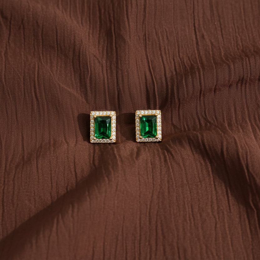 Gold-tone AD CZ emerald green rectangular stud earrings framed with sparkling clear stones