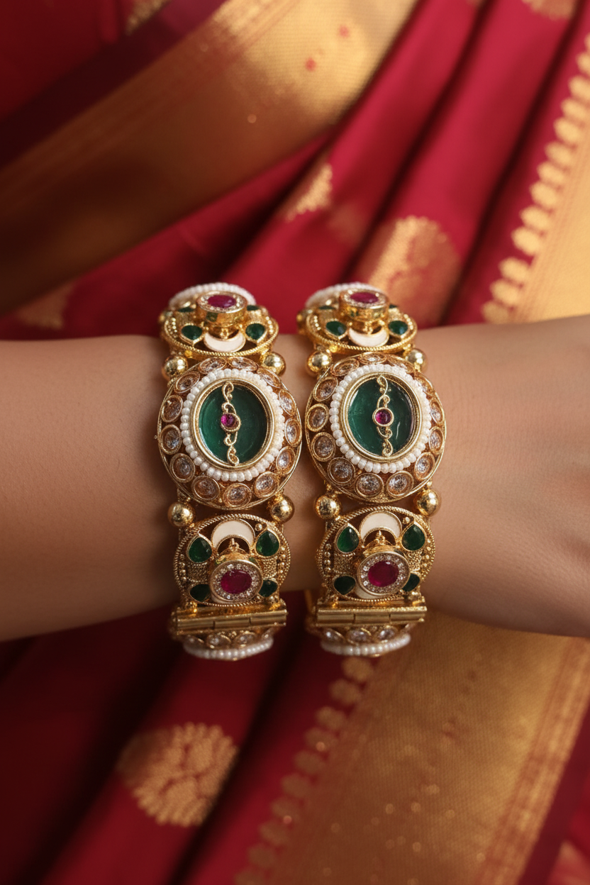 Woman wearing Kundan Meenakari Medallion Bangle Pair