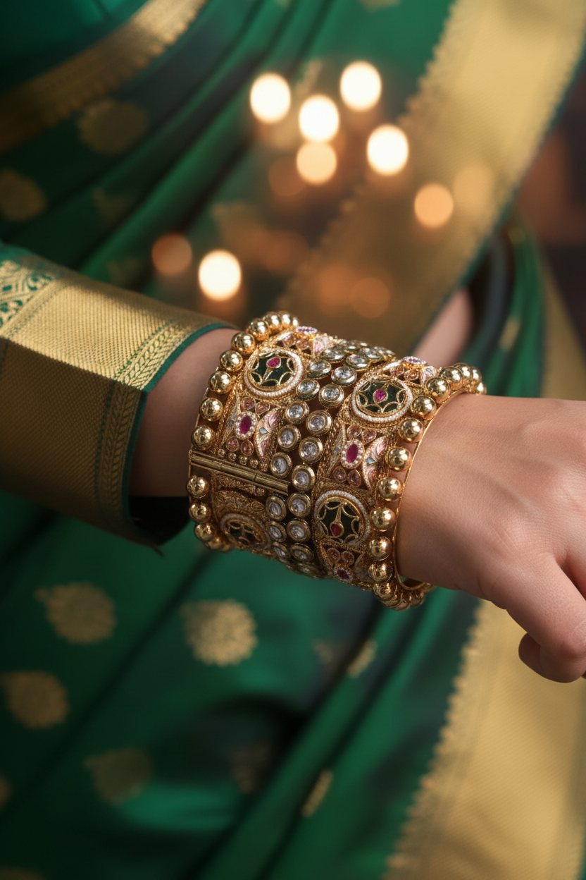 Woman wearing Royal Kundan Meenakari Bangle