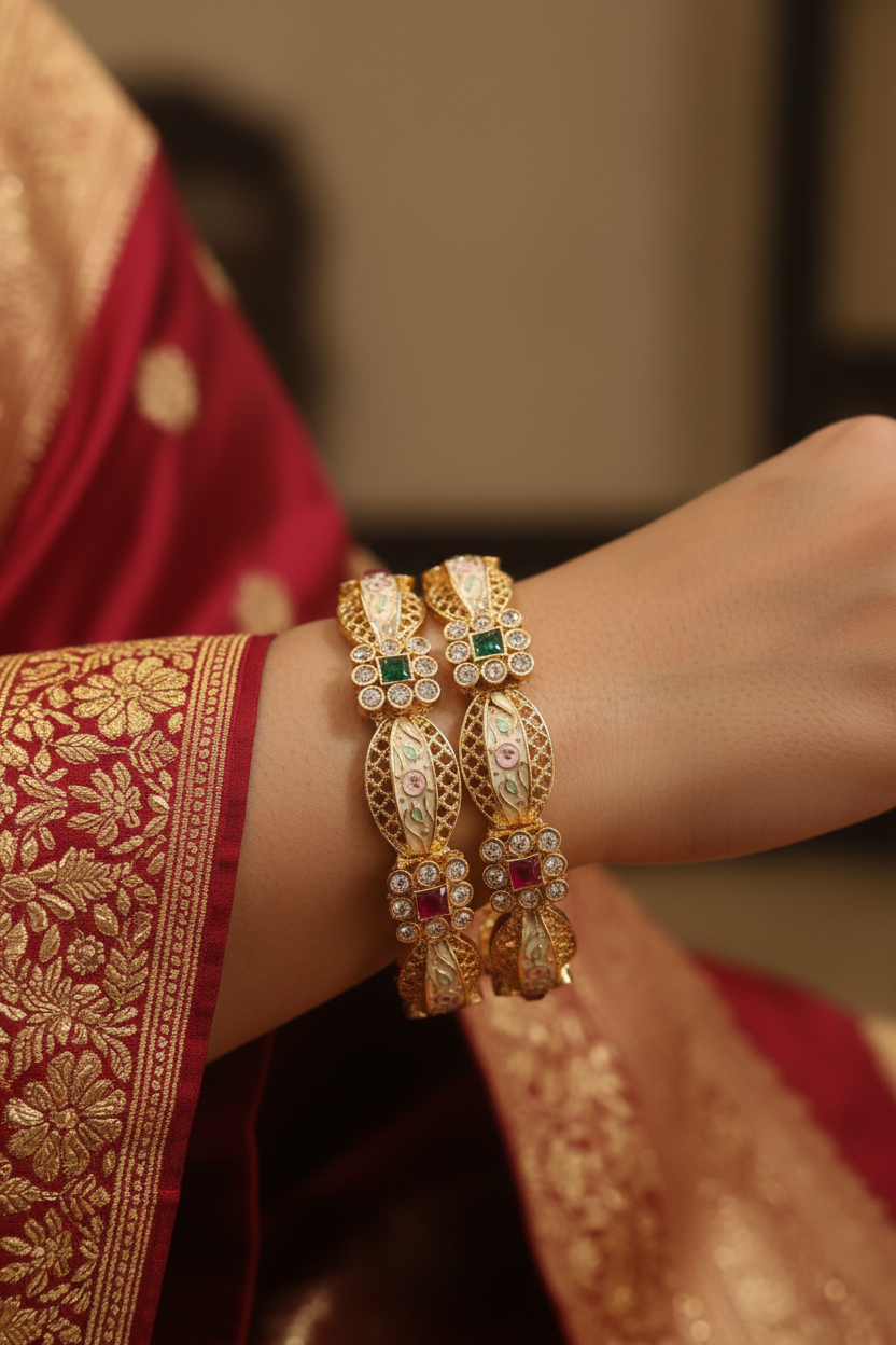 Woman wearing Kundan Jali Meenakari Enamel Bangle Pair