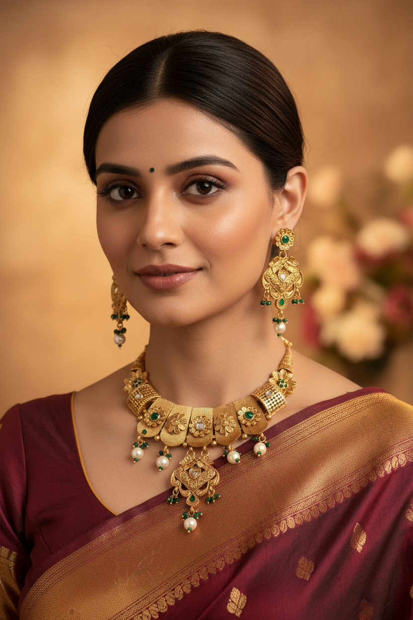 Woman wearing Antique Gold Kundan Choker Necklace Set with Earrings