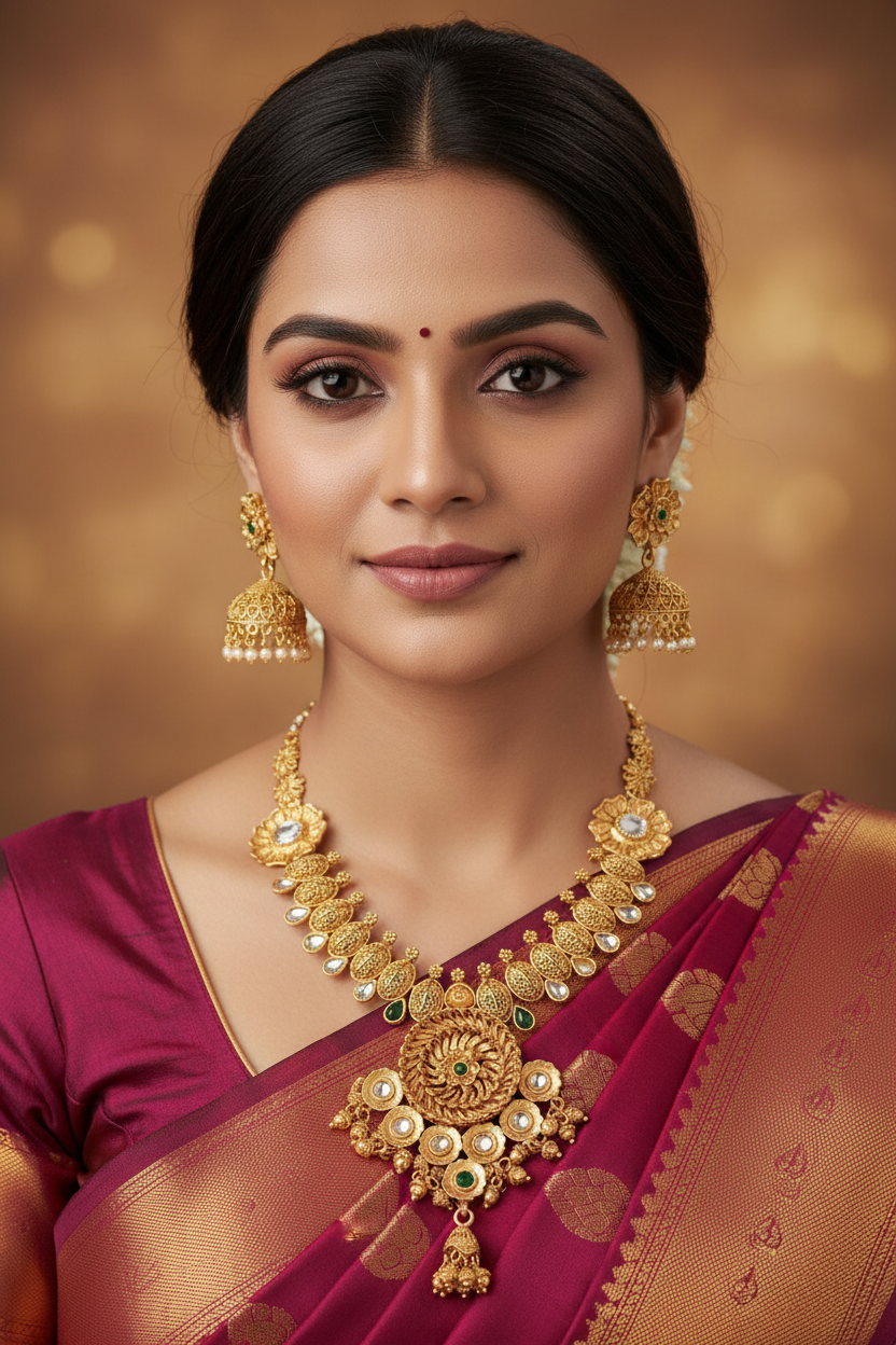 Woman wearing Antique Gold Temple Necklace Set with Jhumka Earrings