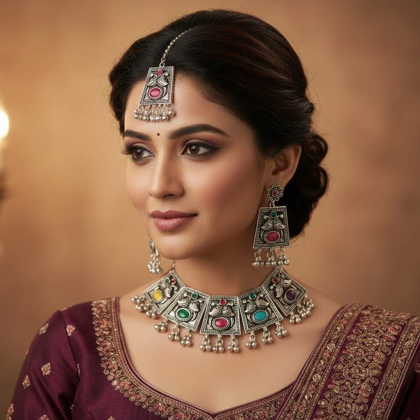 Model Wearing Oxidised Necklace Set with Tikka