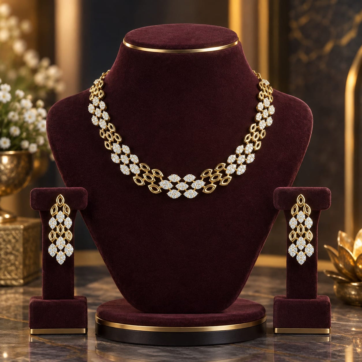 Premium AD CZ floral lattice necklace set with matching drop earrings on a burgundy jewellery display