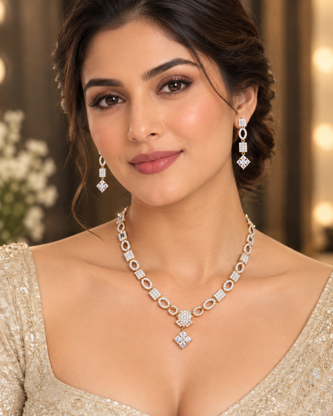 Premium AD CZ Oval Link Necklace Set