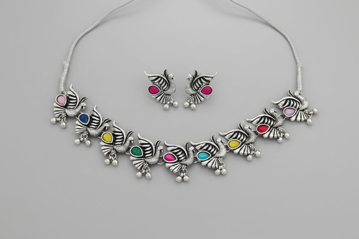 Multicolour Peacock Oxidised Necklace Set