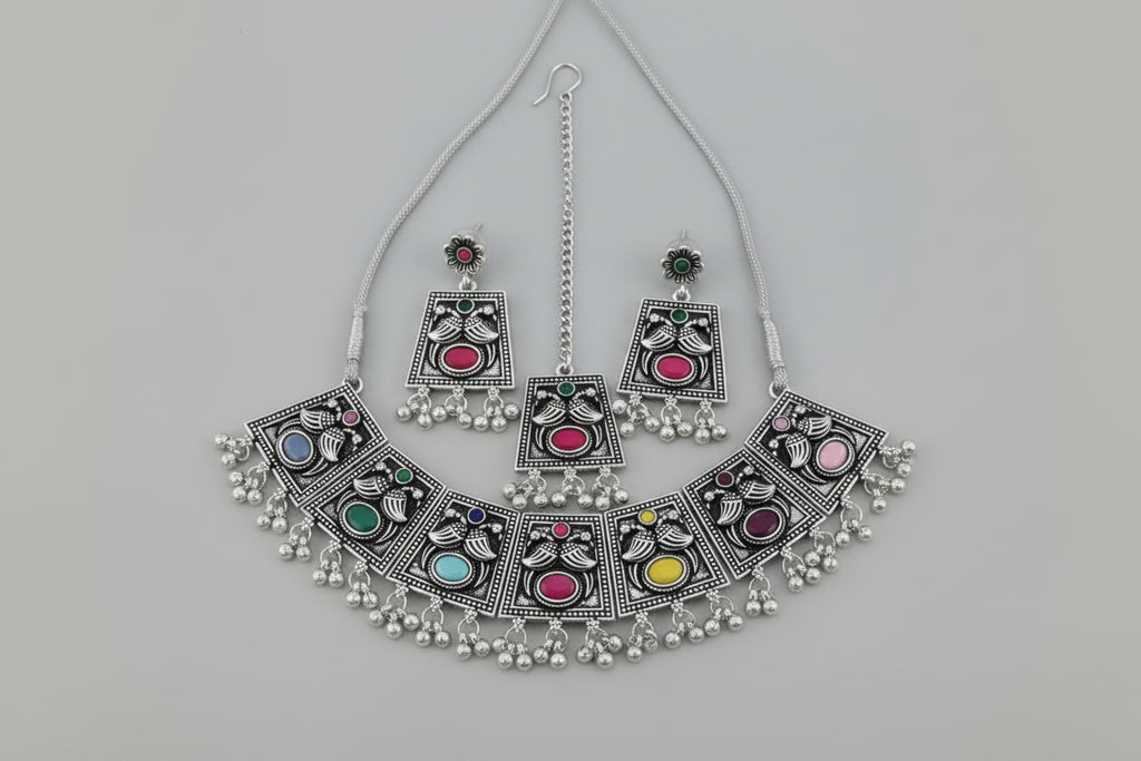 Oxidised Silver Multicolor Choker Necklace Set with Tikka