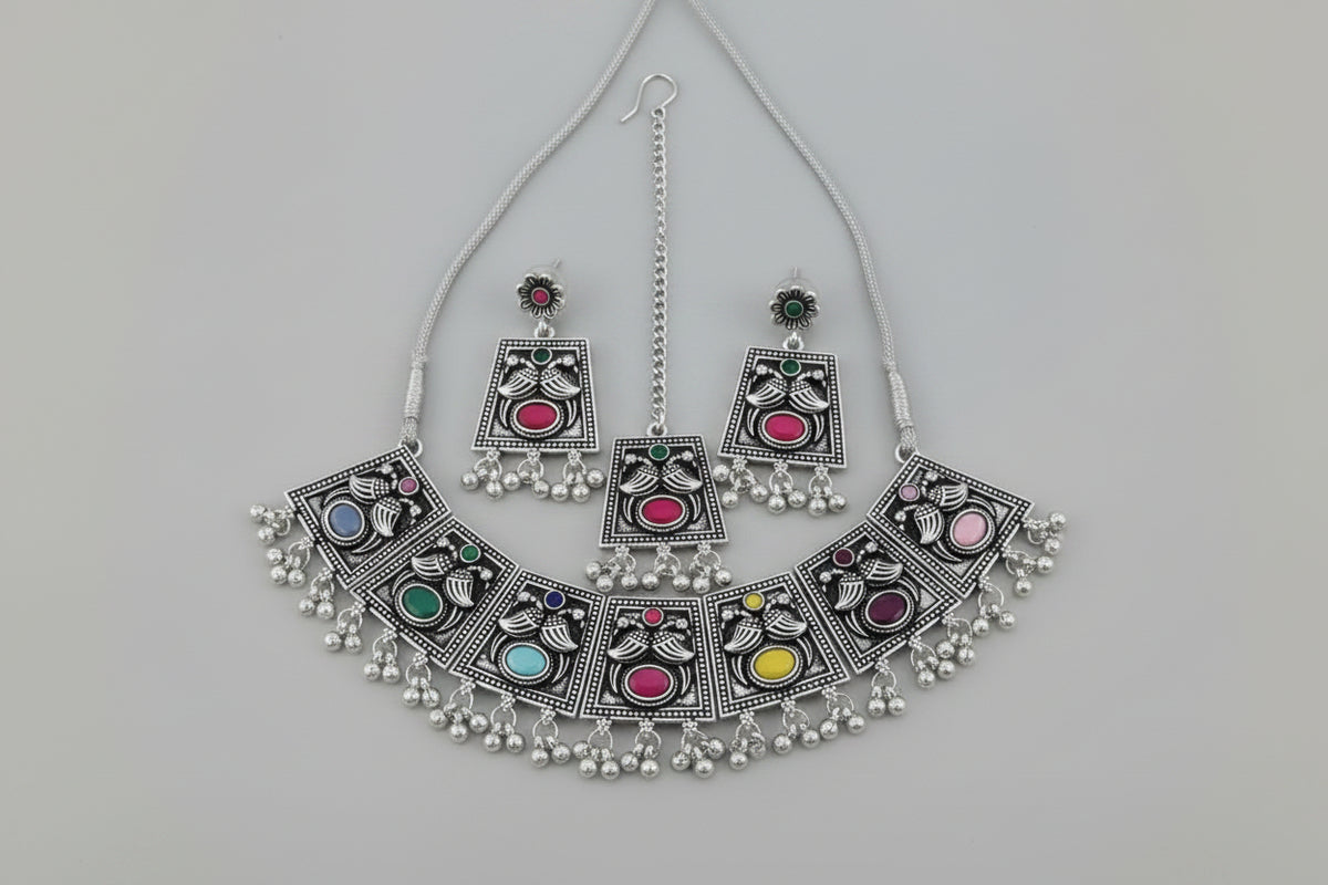 Oxidised Silver Multicolor Choker Necklace Set with Tikka