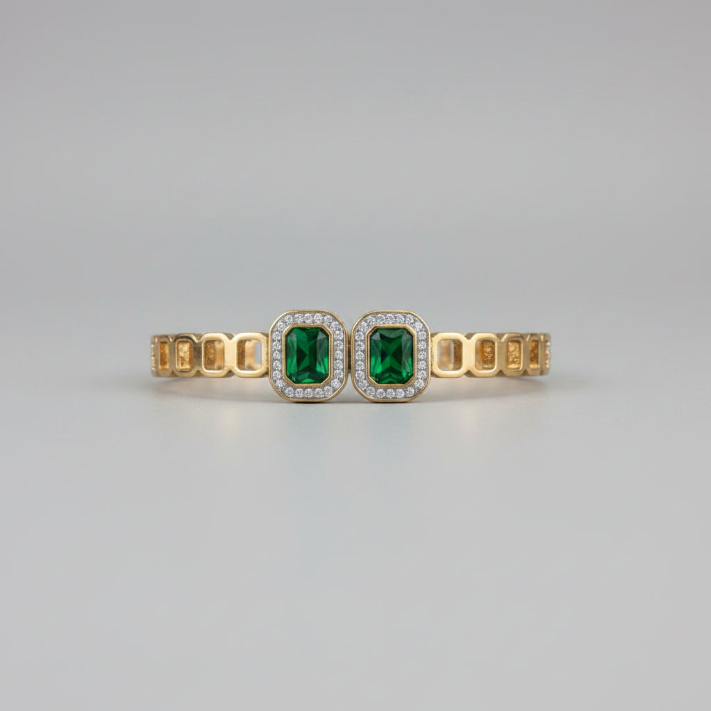 Emerald Green Stone Openable Kada with Zircon Halo in Anti-Tarnish Gold Finish