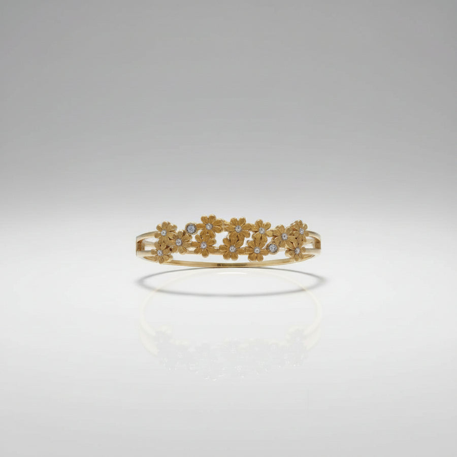 Floral cluster openable kada in dual-tone gold finish held in hand