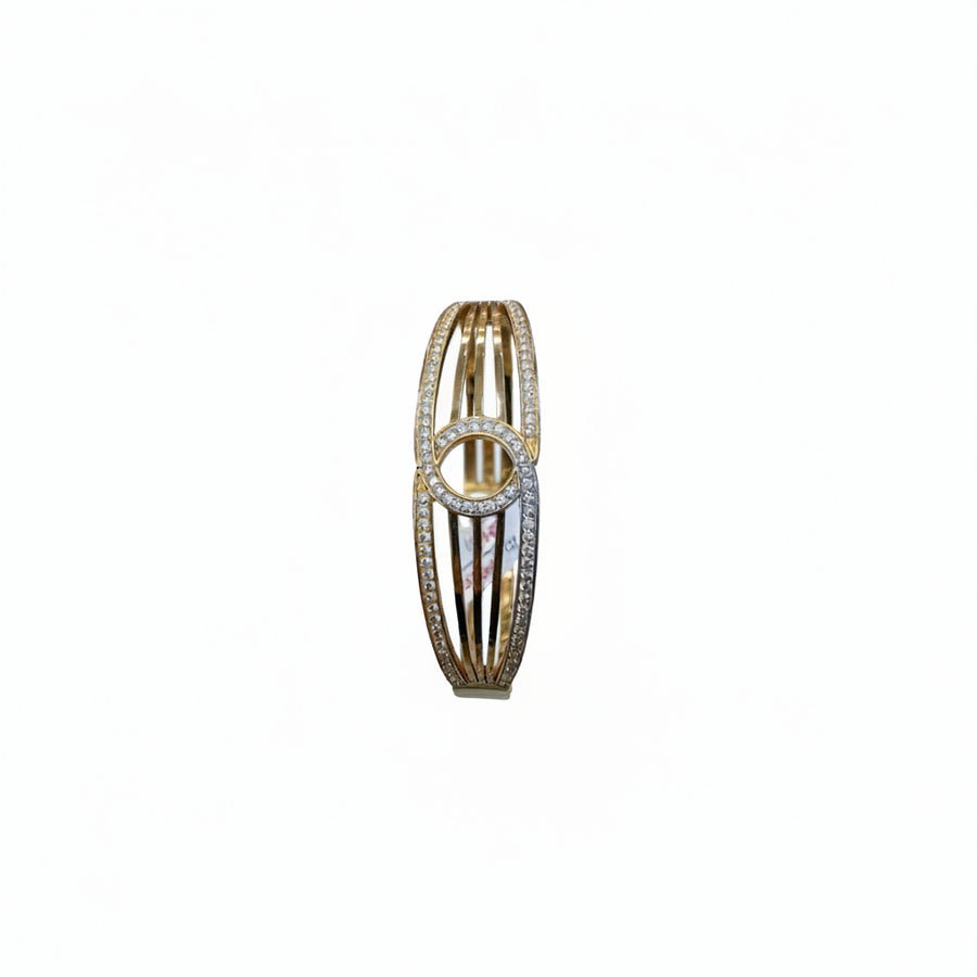 Interlocking circles openable kada with zircon in gold finish held in hand