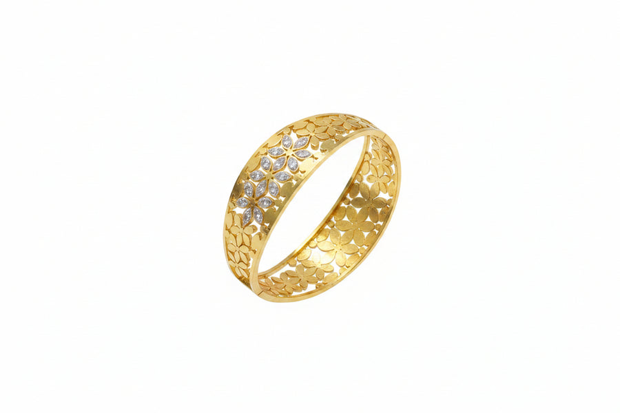 Marquise floral openable kada with jaali work in gold finish held in hand