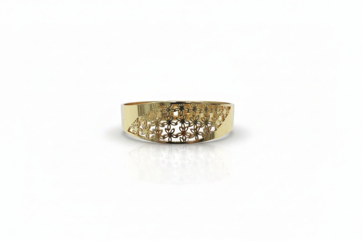 Daisy cut-out openable kada in polished gold finish held in hand
