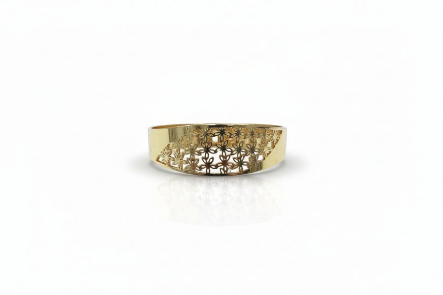 Daisy cut-out openable kada in polished gold finish held in hand