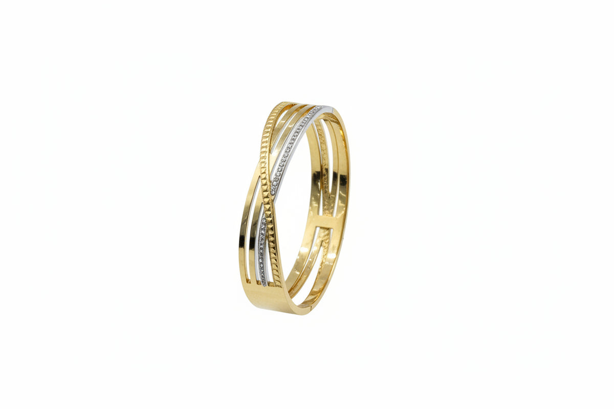 Criss-cross dual-tone openable kada with pave zircon held in hand