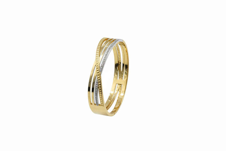 Criss-cross dual-tone openable kada with pave zircon held in hand