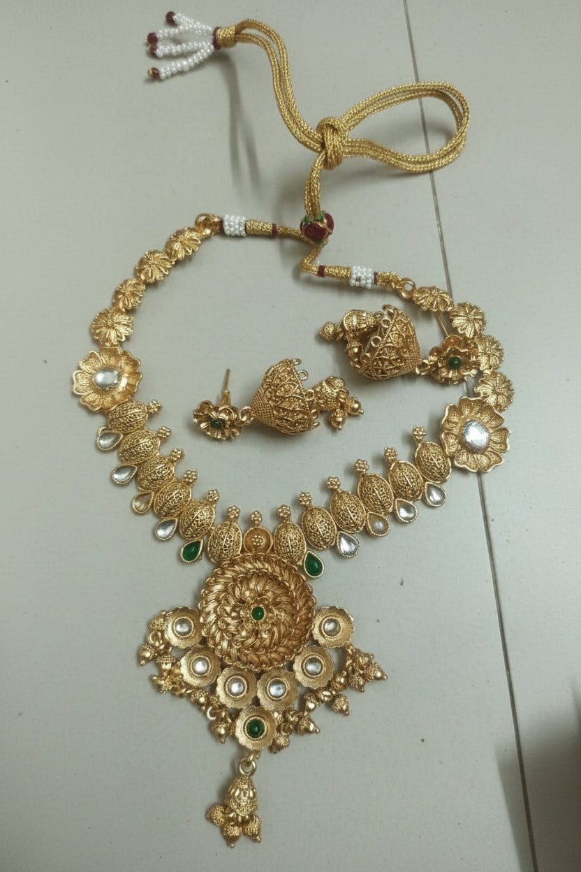 Antique Gold Temple Necklace Set with Jhumka Earrings