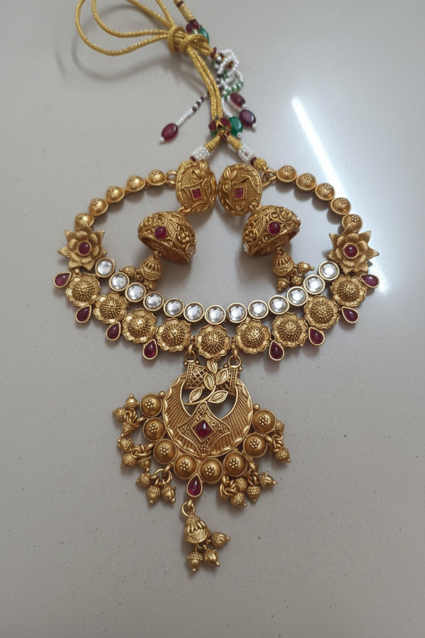 Antique Gold Floral Choker Necklace Set with Dome Jhumka Earrings