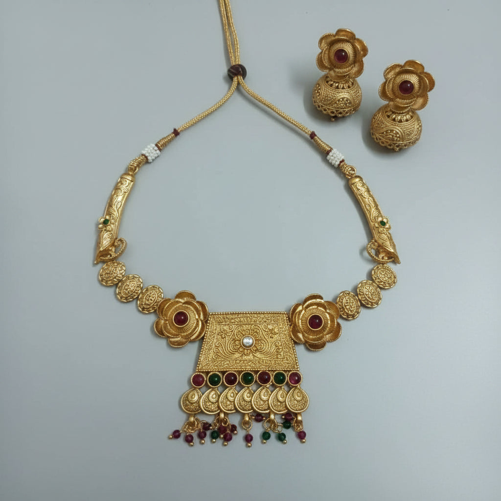 Antique Gold Square Pendant Necklace Set with Jhumka Earrings