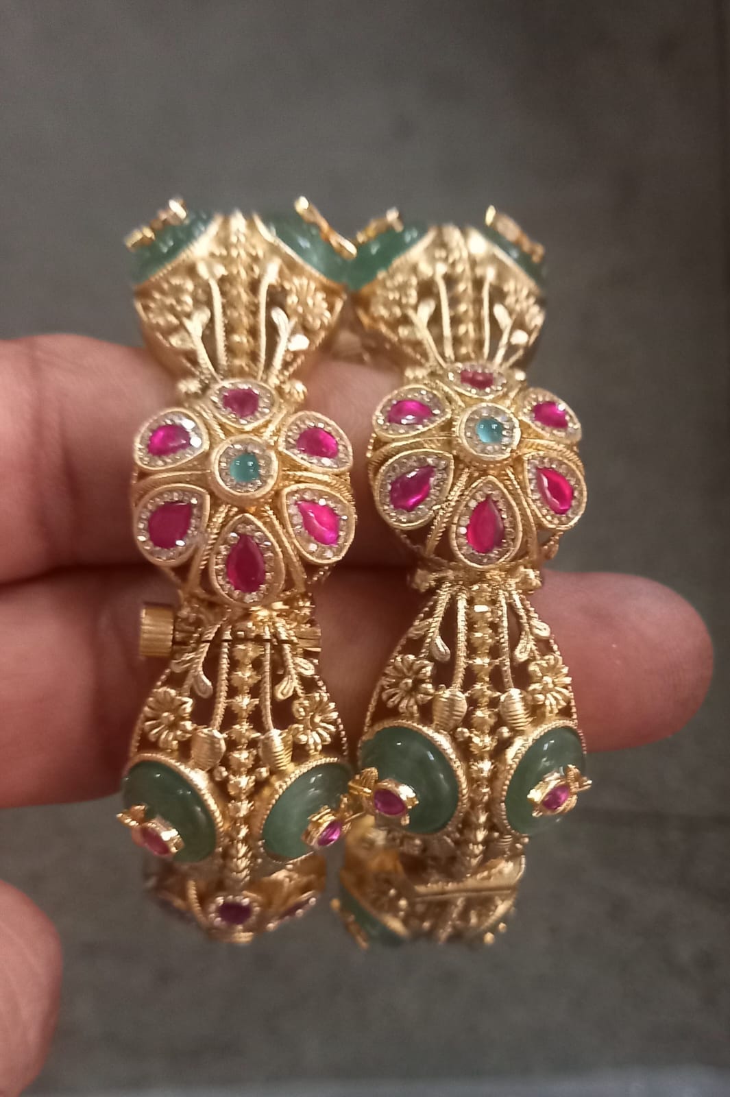 Kundan Ruby Emerald Floral Top Round Bangle Pair