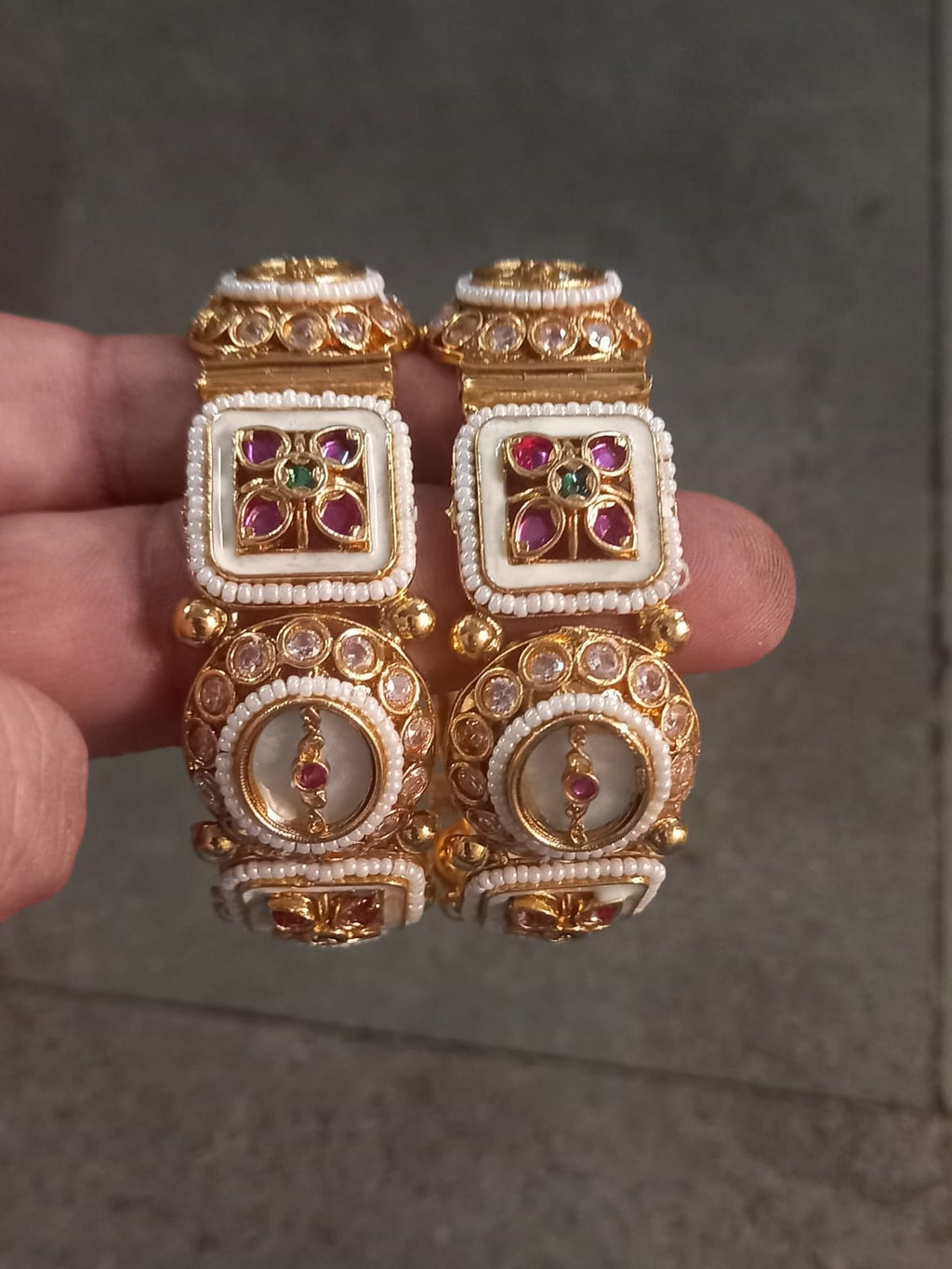 Kundan Pearl Enamel Square & Circle Bangle Pair
