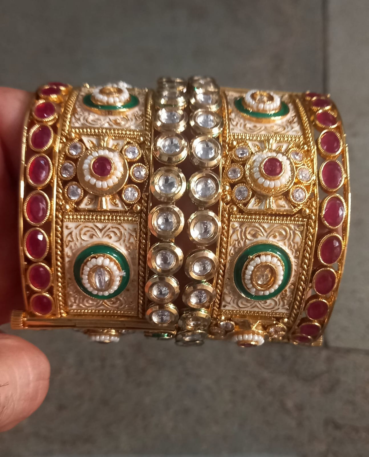 Kundan Enamel Wide Cuff Bangle with Ruby & Emerald
