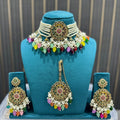 Gold-tone multicolour pearl choker necklace set with matching earrings and maang tikka
