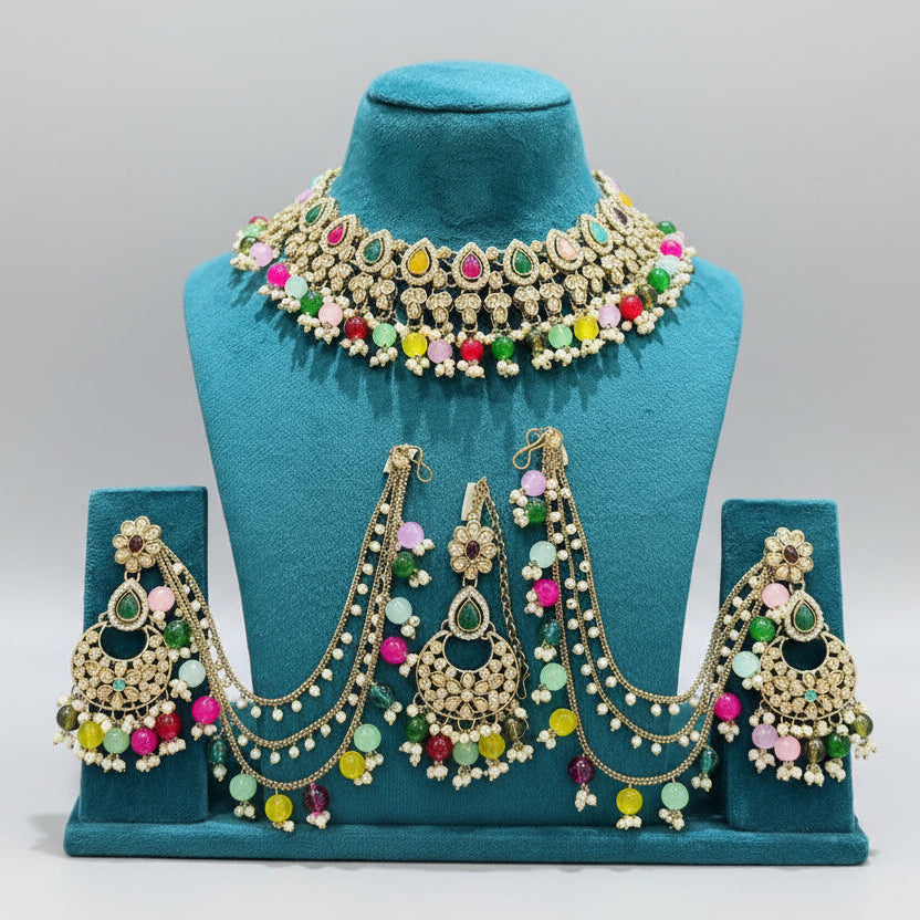 Aarohi Multicolour Kundan Choker Necklace Set with Earrings & Maang Tikka