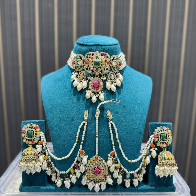 Gulnaar Multicolour Pearl Choker Set with Jhumka Earrings & Maang Tikka