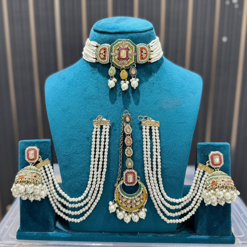 Zoya Pearl Choker Necklace Set with Jhumka Earrings & Maang Tikka