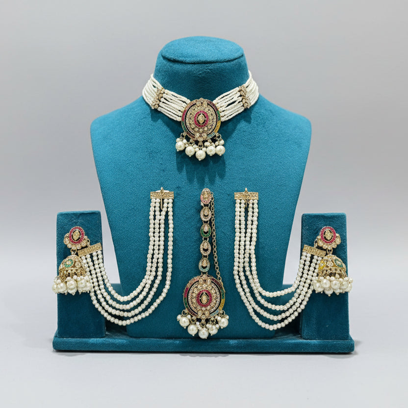 Noorani Pearl Choker Set with Jhumka Earrings & Maang Tikka