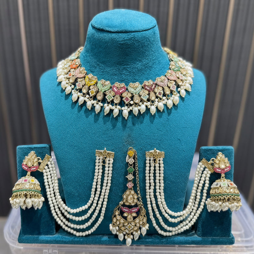 Phoolwari Pastel Kundan Pearl Necklace Set with Jhumkas & Maang Tikka