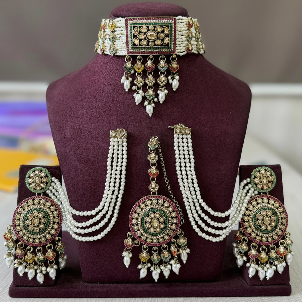 Shahi Kundan Pearl Choker Set with Chandbali Earrings & Maang Tikka