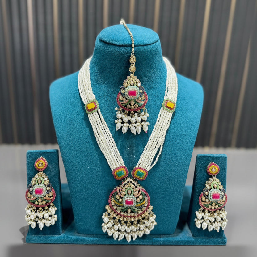 Mehar Multicolour Pearl Rani Haar Set with Earrings & Maang Tikka