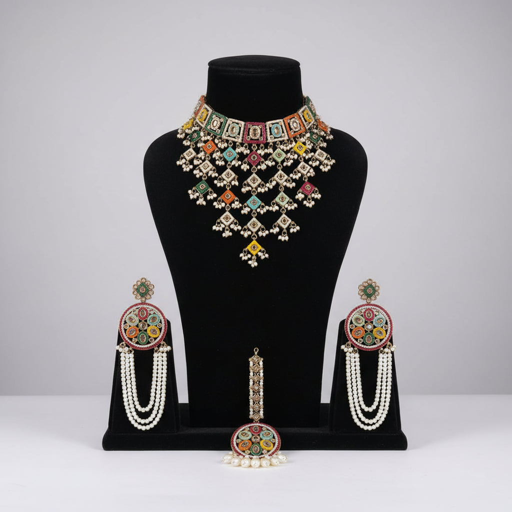 Rangrez Layered Kundan Choker Set with Pearl Earrings & Maang Tikka