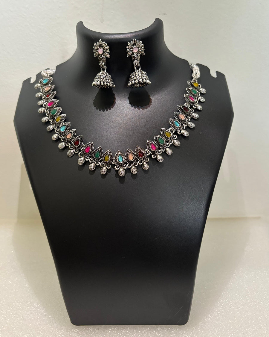 Oxidised Multicolour Stone Necklace Set