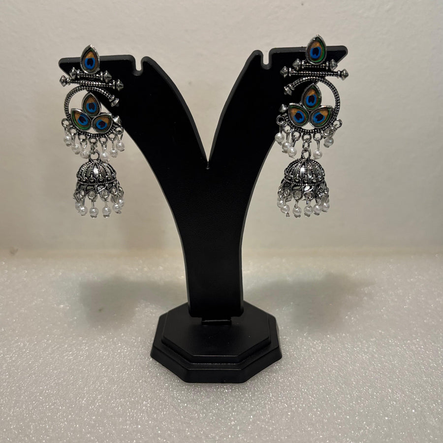 Premium oxidised peacock jhumka earrings with blue and green peacock-inspired stones and bead drops