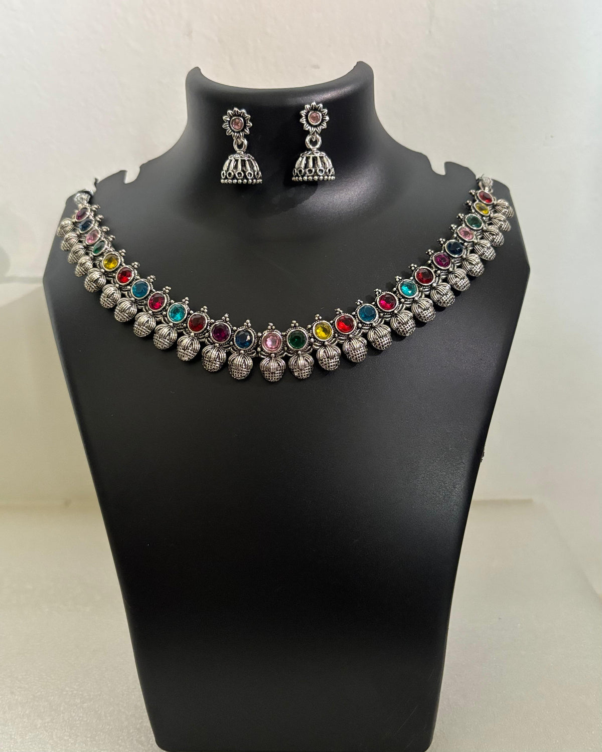 Oxidised Multicolour Stone Drop Necklace Set